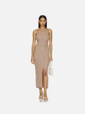 Sleeveless Beige Knit Midi Dress with Front Slit